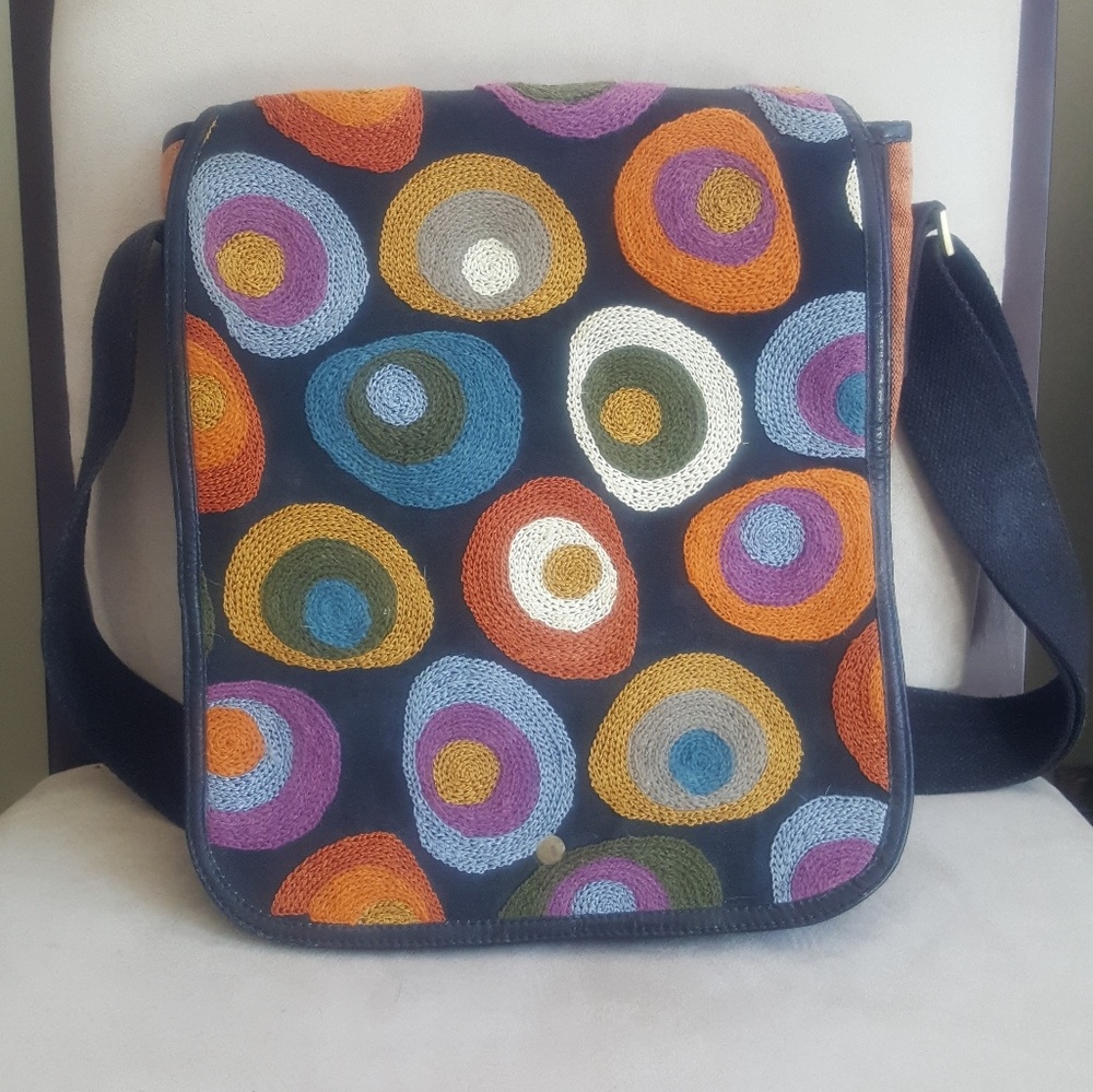 Open Hand Messenger Bag Embroidered Wool Spirals Warm tones Vegan